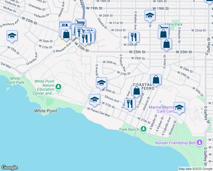 map of restaurants, bars, coffee shops, grocery stores, and more near 1361 West 35th Street in Los Angeles
