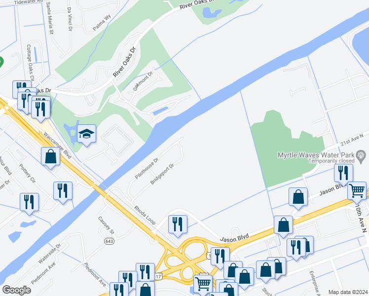 map of restaurants, bars, coffee shops, grocery stores, and more near 598 Bridgeport Drive in Myrtle Beach