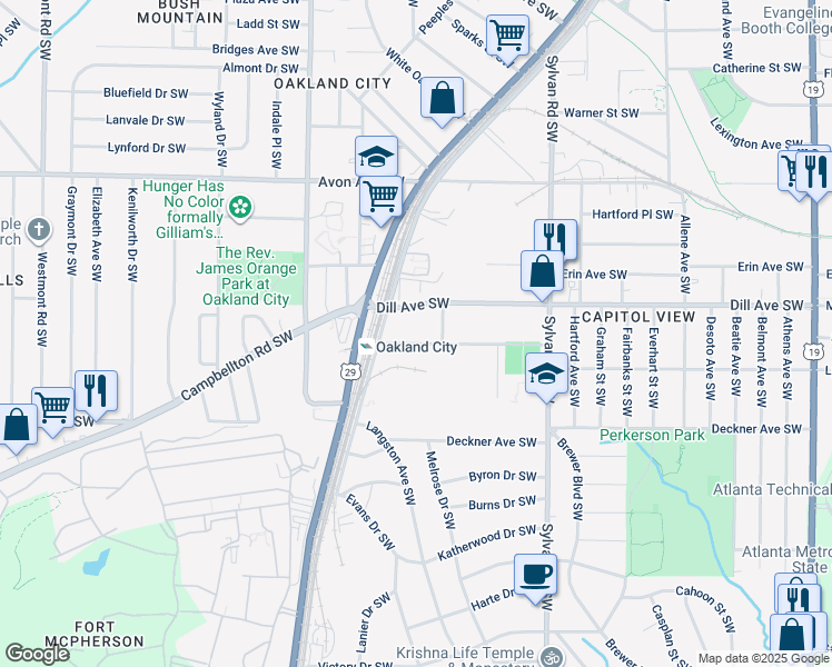 map of restaurants, bars, coffee shops, grocery stores, and more near 1067 Arden Avenue Southwest in Atlanta