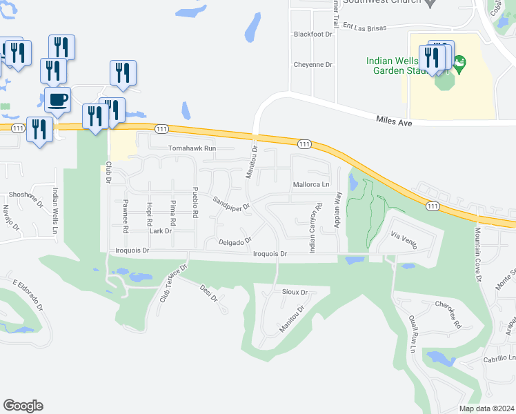 map of restaurants, bars, coffee shops, grocery stores, and more near 77240 Black Mountain Trail in Indian Wells