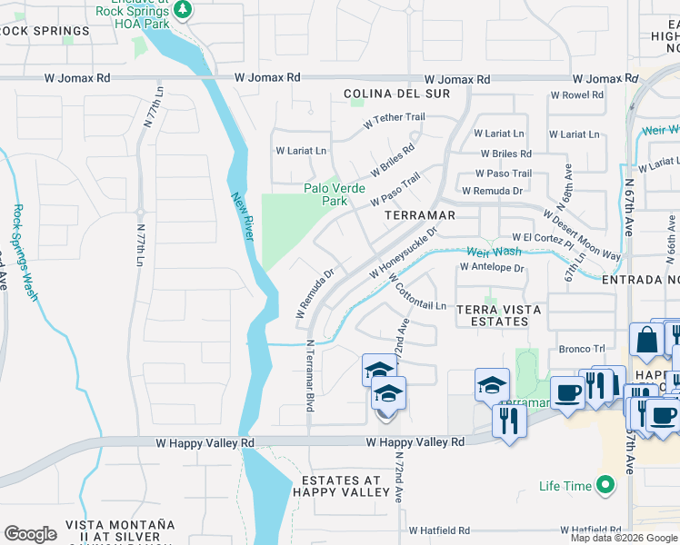 map of restaurants, bars, coffee shops, grocery stores, and more near 7408 West Honeysuckle Drive in Peoria