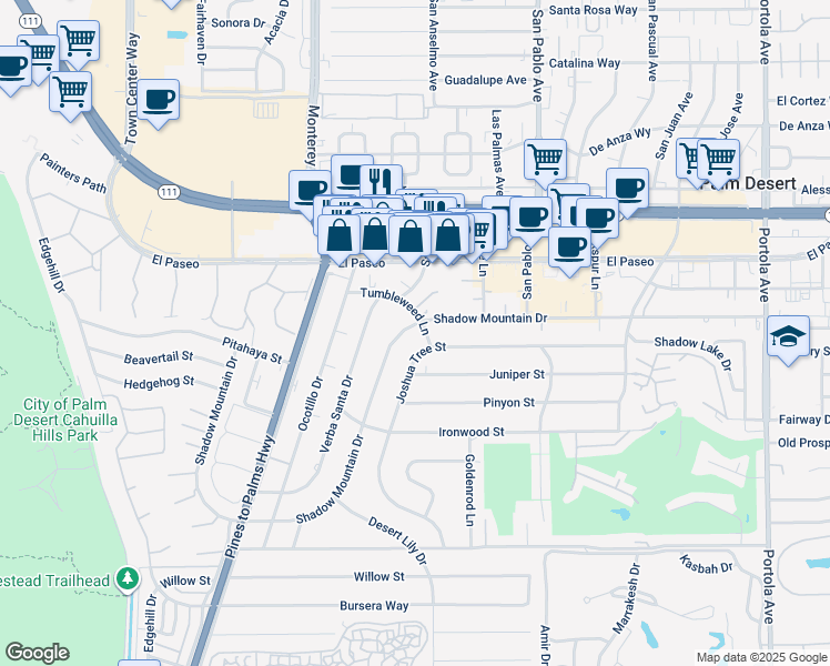map of restaurants, bars, coffee shops, grocery stores, and more near 73181 Shadow Mountain Drive in Palm Desert