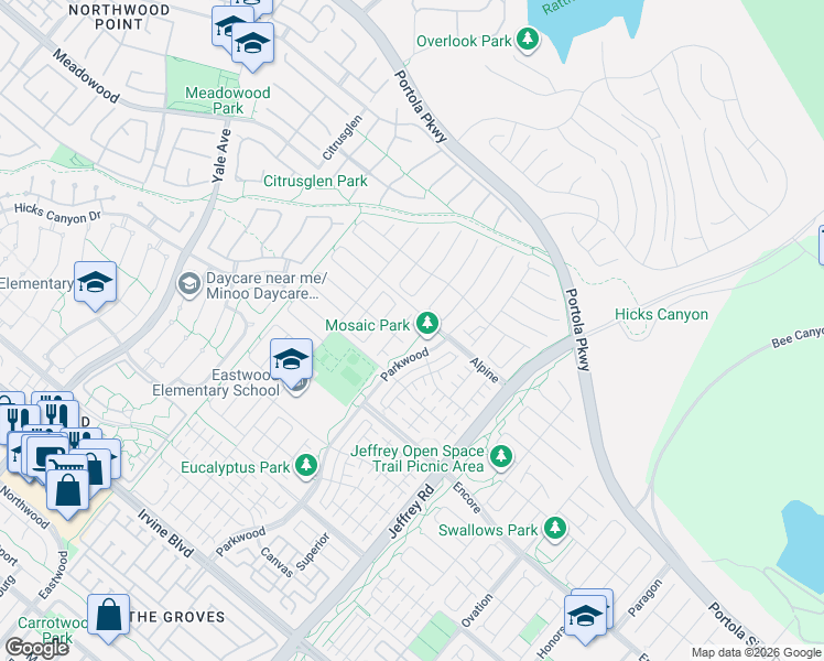 map of restaurants, bars, coffee shops, grocery stores, and more near 120 Espina in Irvine