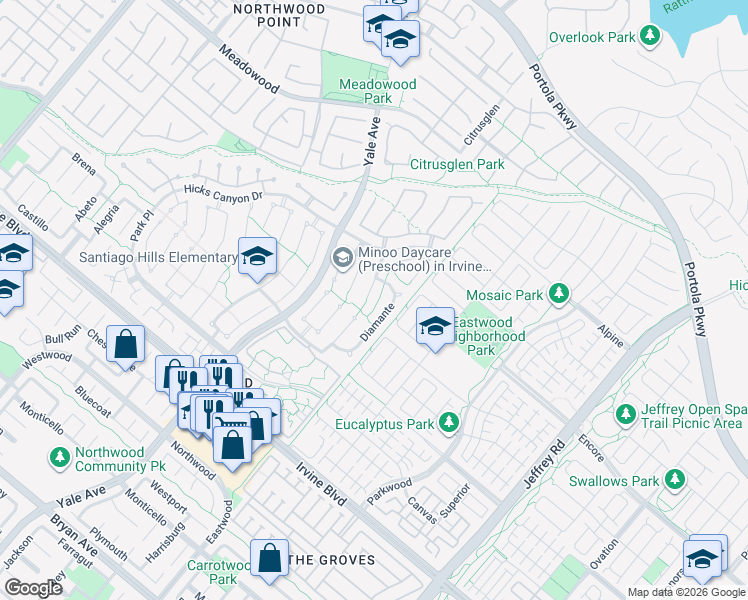 map of restaurants, bars, coffee shops, grocery stores, and more near 27 Prosa in Irvine