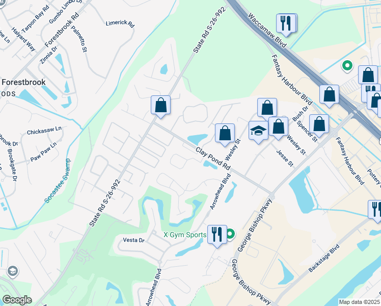map of restaurants, bars, coffee shops, grocery stores, and more near 3683 Clay Pond Road in Myrtle Beach