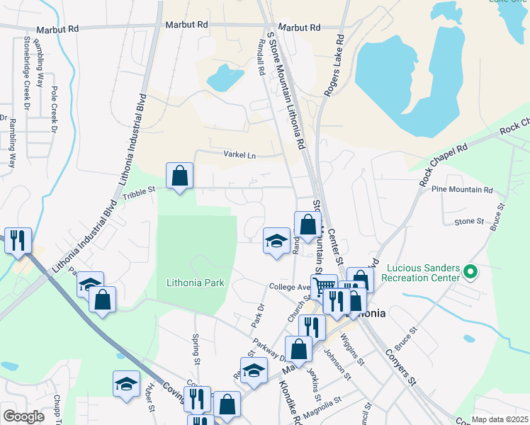 map of restaurants, bars, coffee shops, grocery stores, and more near 2360 Parc Chateau Drive in Lithonia