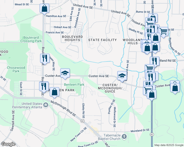 map of restaurants, bars, coffee shops, grocery stores, and more near 884 Custer Avenue Southeast in Atlanta
