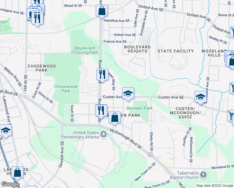 map of restaurants, bars, coffee shops, grocery stores, and more near 668 Custer Avenue Southeast in Atlanta