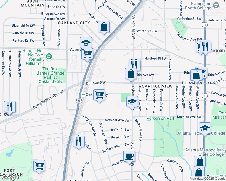map of restaurants, bars, coffee shops, grocery stores, and more near 1010 Arden Avenue Southwest in Atlanta