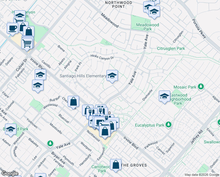 map of restaurants, bars, coffee shops, grocery stores, and more near 19 Christamon East in Irvine
