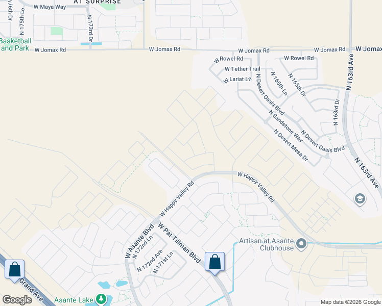 map of restaurants, bars, coffee shops, grocery stores, and more near 26035 North Desert Mesa Drive in Surprise