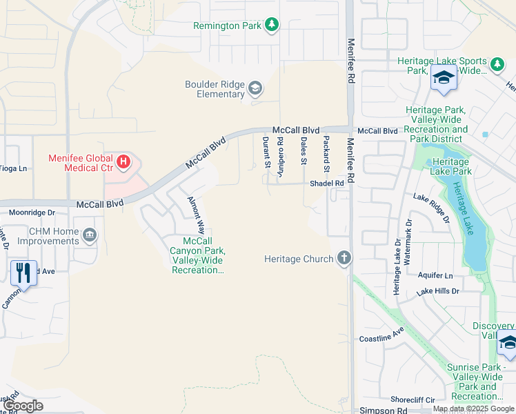 map of restaurants, bars, coffee shops, grocery stores, and more near Fargo Street in Menifee