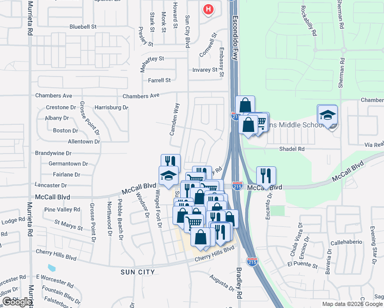 map of restaurants, bars, coffee shops, grocery stores, and more near 27601 Sun City Boulevard in Menifee