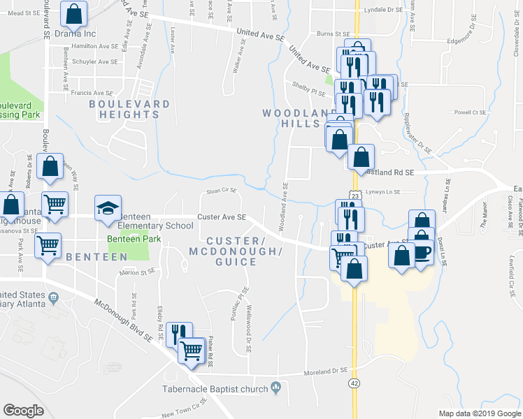 map of restaurants, bars, coffee shops, grocery stores, and more near 1385 Knob Hill Court Southeast in Atlanta