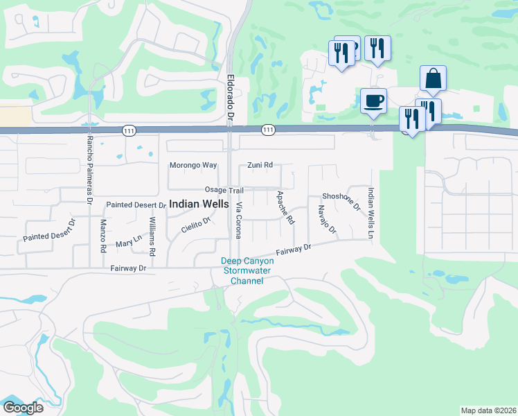 map of restaurants, bars, coffee shops, grocery stores, and more near 76140 Vía Mariposa in Indian Wells