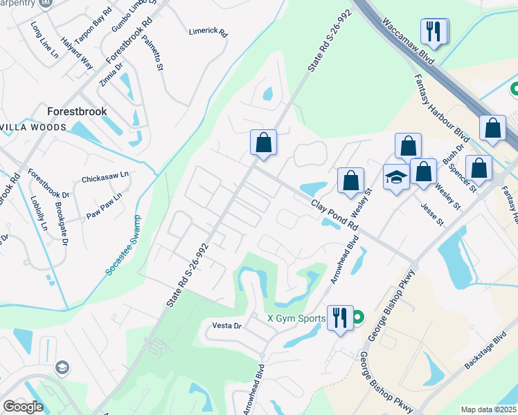 map of restaurants, bars, coffee shops, grocery stores, and more near 755 Burcale Road in Myrtle Beach