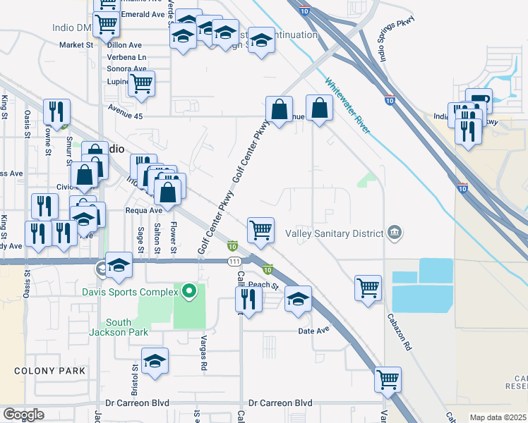 map of restaurants, bars, coffee shops, grocery stores, and more near 83681 Citrus Avenue in Indio
