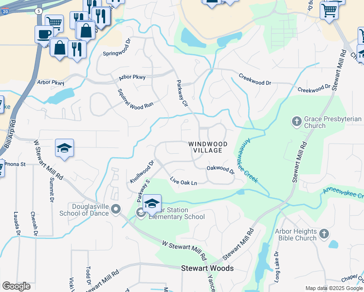 map of restaurants, bars, coffee shops, grocery stores, and more near 6701 Knollwood Circle in Douglasville