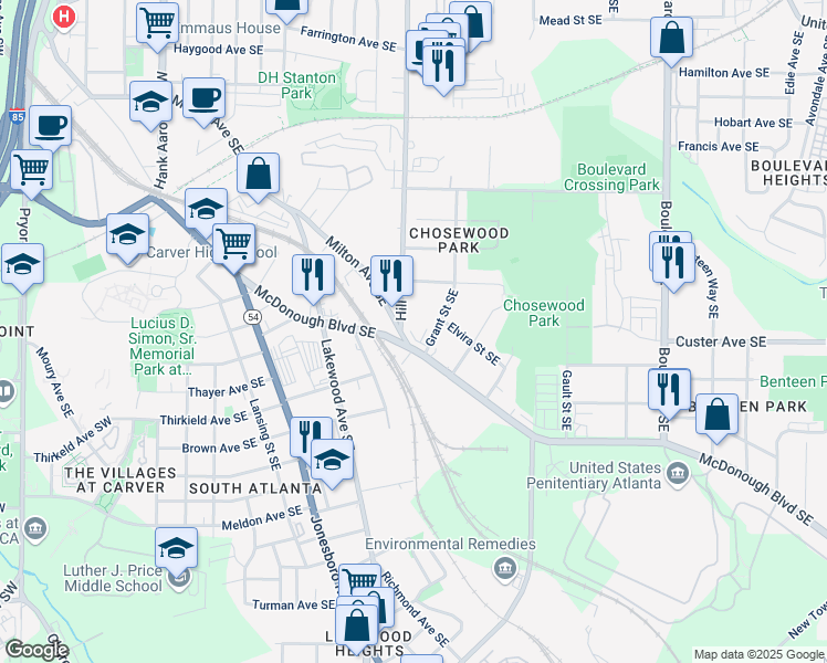 map of restaurants, bars, coffee shops, grocery stores, and more near 310 McDonough Boulevard Southeast in Atlanta