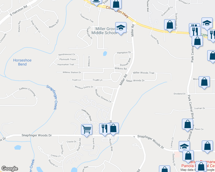 map of restaurants, bars, coffee shops, grocery stores, and more near 4990 Windsor Downs Drive in Decatur