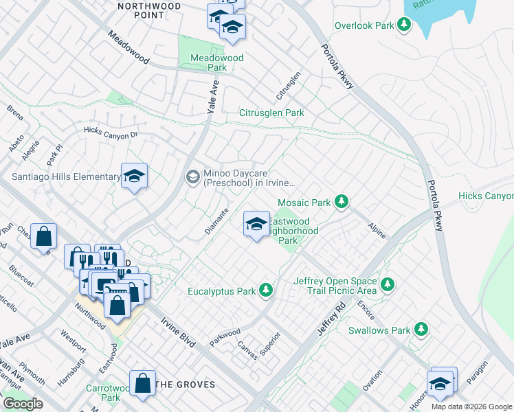 map of restaurants, bars, coffee shops, grocery stores, and more near 112 Turning Post in Irvine