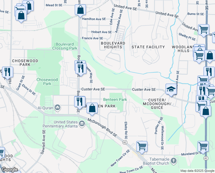 map of restaurants, bars, coffee shops, grocery stores, and more near 726 Custer Ave SE in Atlanta