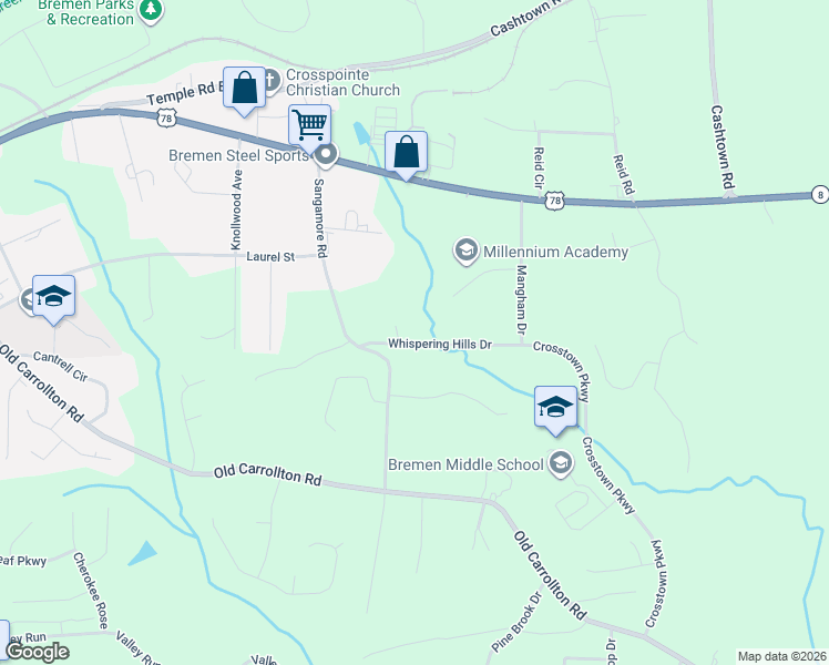 map of restaurants, bars, coffee shops, grocery stores, and more near 1033 Whispering Hills Drive in Bremen
