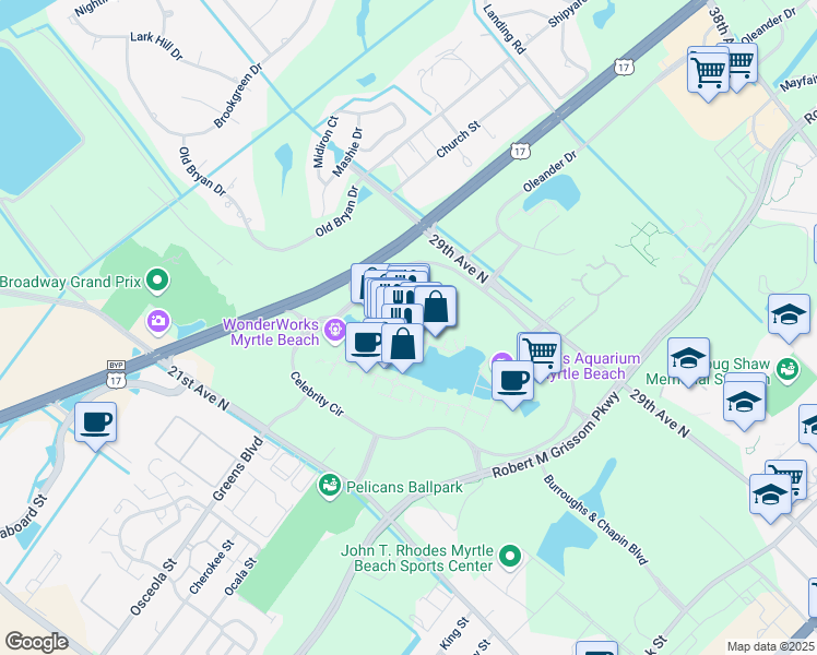 map of restaurants, bars, coffee shops, grocery stores, and more near 1318 Celebrity Circle in Myrtle Beach