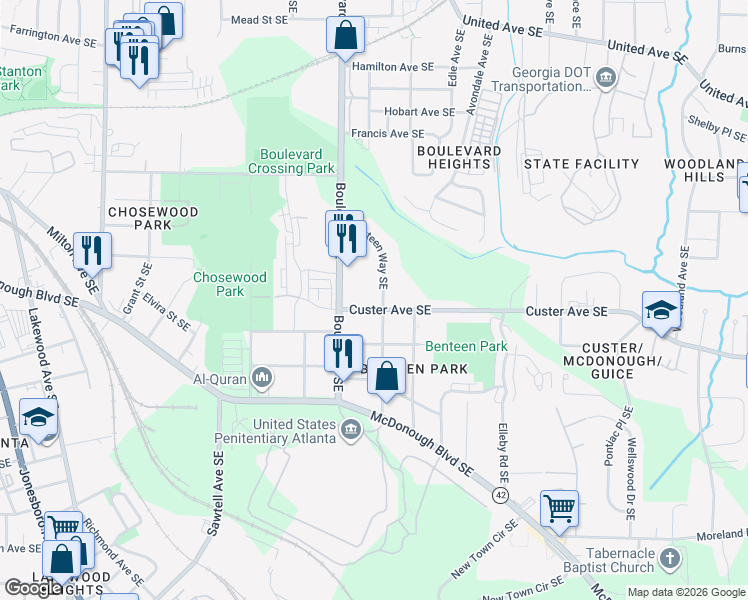 map of restaurants, bars, coffee shops, grocery stores, and more near in Atlanta