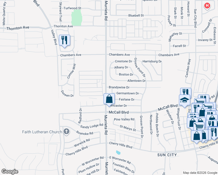 map of restaurants, bars, coffee shops, grocery stores, and more near 26051 Brandywine Drive in Menifee