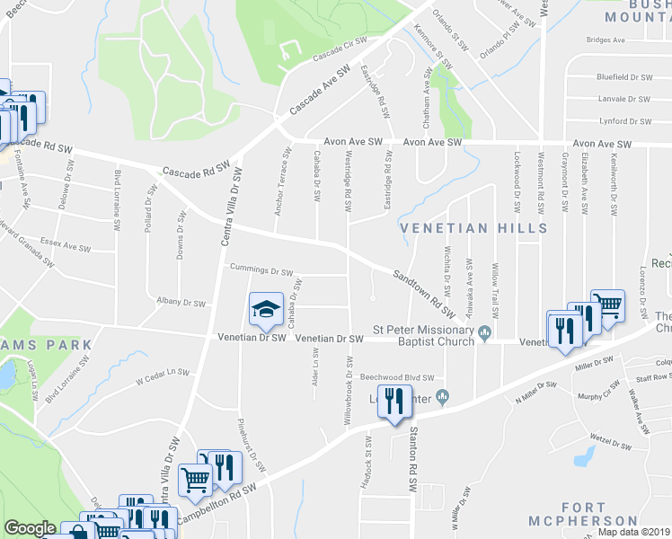 map of restaurants, bars, coffee shops, grocery stores, and more near 1823 Cummings Drive Southwest in Atlanta