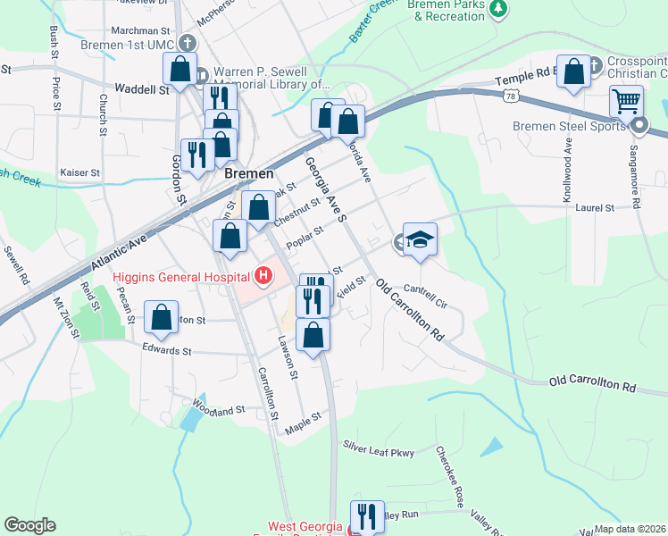 map of restaurants, bars, coffee shops, grocery stores, and more near 323 Laurel Street in Bremen