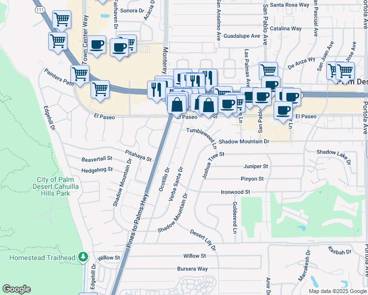 map of restaurants, bars, coffee shops, grocery stores, and more near 45565 Verba Santa Drive in Palm Desert