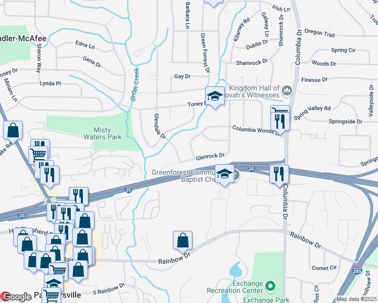 map of restaurants, bars, coffee shops, grocery stores, and more near 3128 Columbia Woods Drive in Decatur