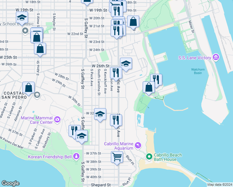 map of restaurants, bars, coffee shops, grocery stores, and more near 2921 South Pacific Avenue in Los Angeles