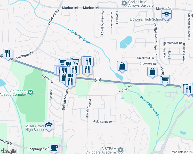 map of restaurants, bars, coffee shops, grocery stores, and more near 6786 Covington Highway in Lithonia