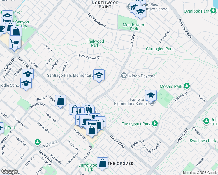 map of restaurants, bars, coffee shops, grocery stores, and more near 2 Ninos in Irvine