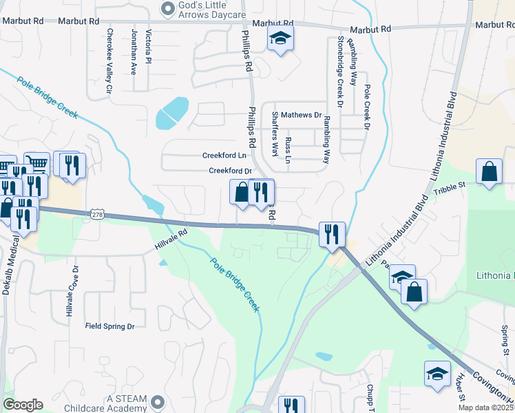 map of restaurants, bars, coffee shops, grocery stores, and more near 7046 U.S. 278 in Lithonia