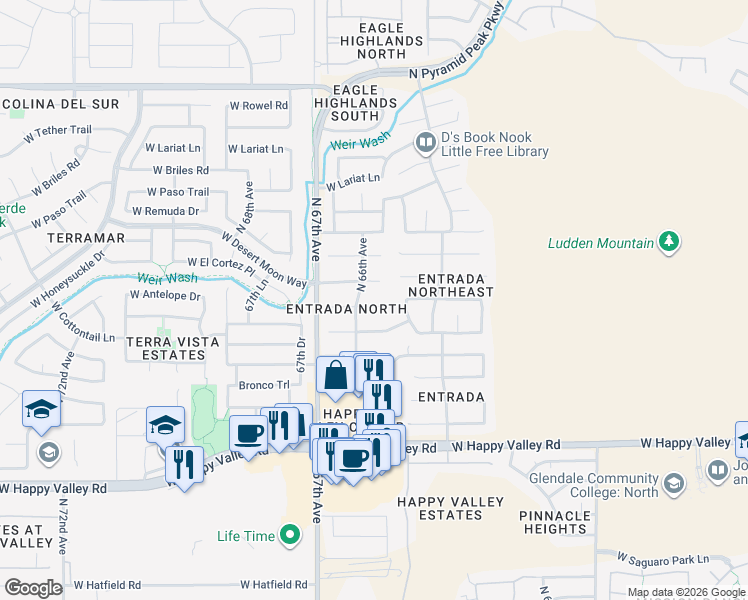map of restaurants, bars, coffee shops, grocery stores, and more near 6520 West Range Mule Drive in Phoenix