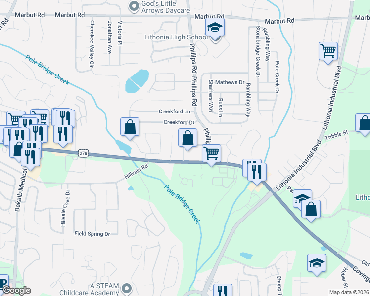 map of restaurants, bars, coffee shops, grocery stores, and more near 6315 Wellington Walk Way in Lithonia