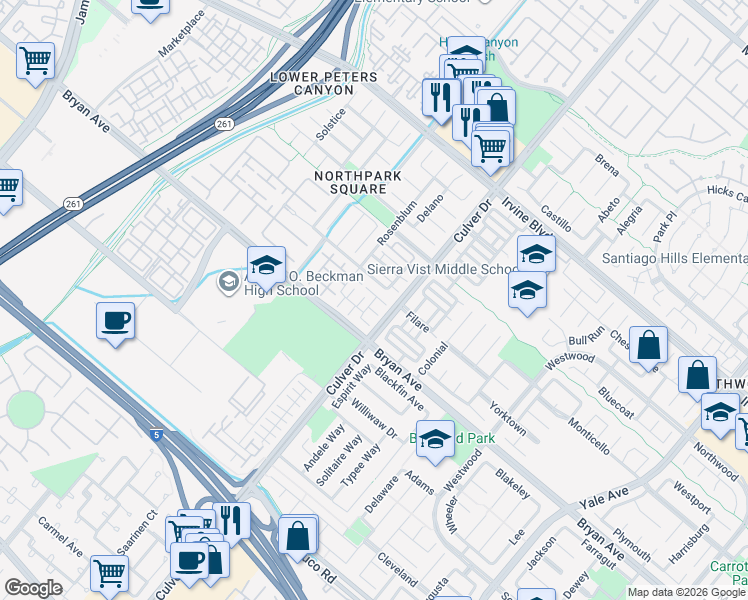 map of restaurants, bars, coffee shops, grocery stores, and more near 16 Salton in Irvine