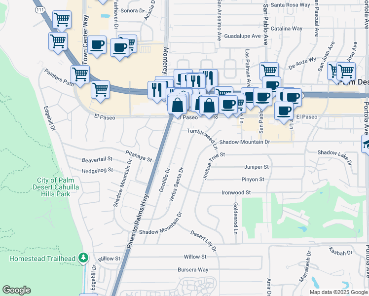 map of restaurants, bars, coffee shops, grocery stores, and more near 45565 Verba Santa Drive in Palm Desert