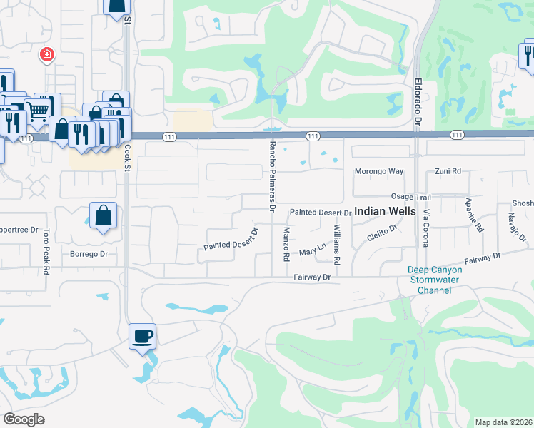 map of restaurants, bars, coffee shops, grocery stores, and more near 45371 Rancho Palmeras Drive in Indian Wells