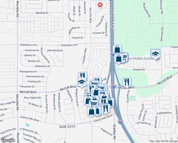 map of restaurants, bars, coffee shops, grocery stores, and more near 27601 Sun City Boulevard in Menifee