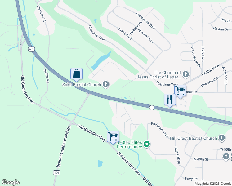 map of restaurants, bars, coffee shops, grocery stores, and more near 2889 U.S. 431 in Anniston