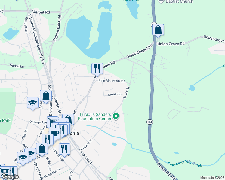 map of restaurants, bars, coffee shops, grocery stores, and more near 7076 Hammond Way in Lithonia