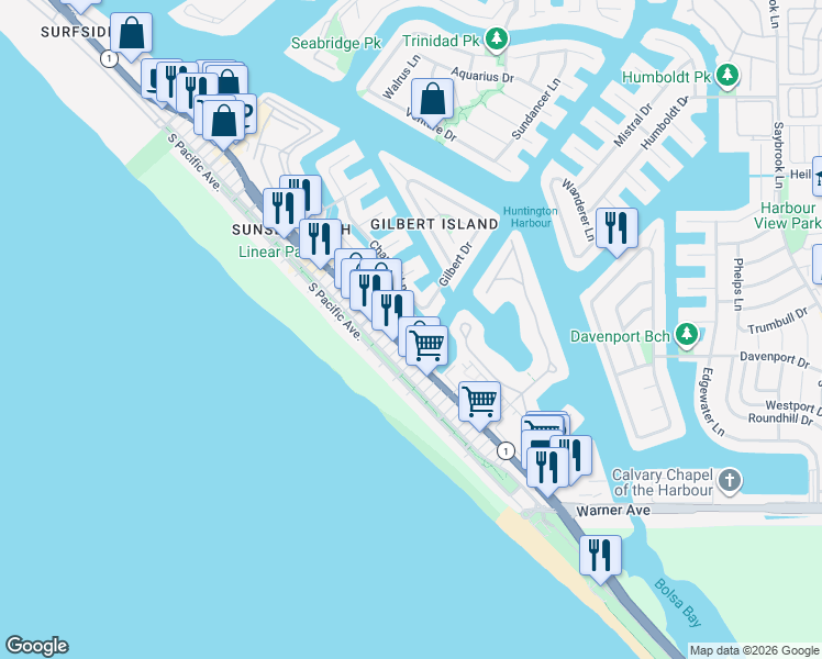 map of restaurants, bars, coffee shops, grocery stores, and more near 16865 Bayview Drive in Huntington Beach