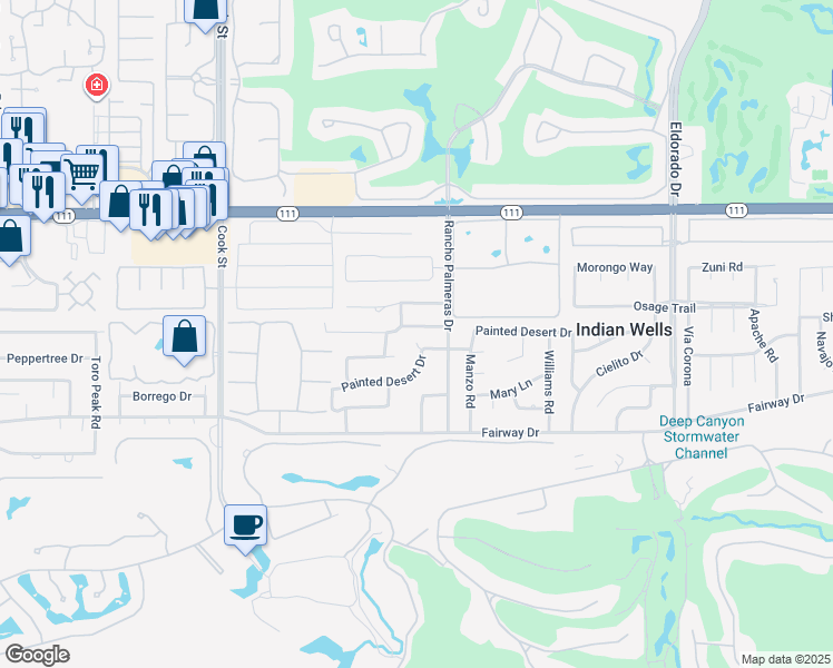 map of restaurants, bars, coffee shops, grocery stores, and more near 75420 Painted Desert Drive in Indian Wells