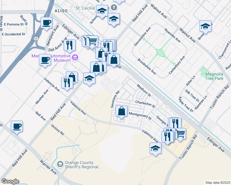 map of restaurants, bars, coffee shops, grocery stores, and more near 15213 York Street in Tustin
