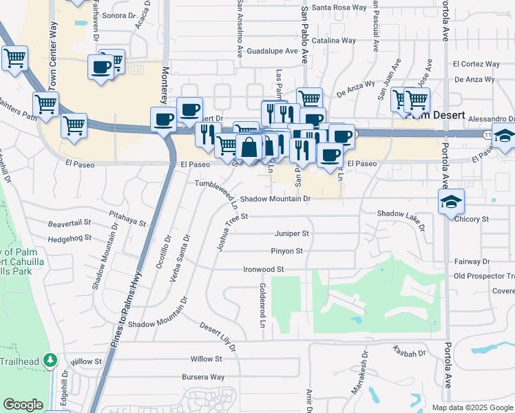 map of restaurants, bars, coffee shops, grocery stores, and more near 73348 Joshua Tree Street in Palm Desert